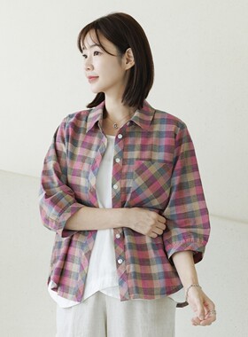 韩代复古格子七分袖宽松衬衫女