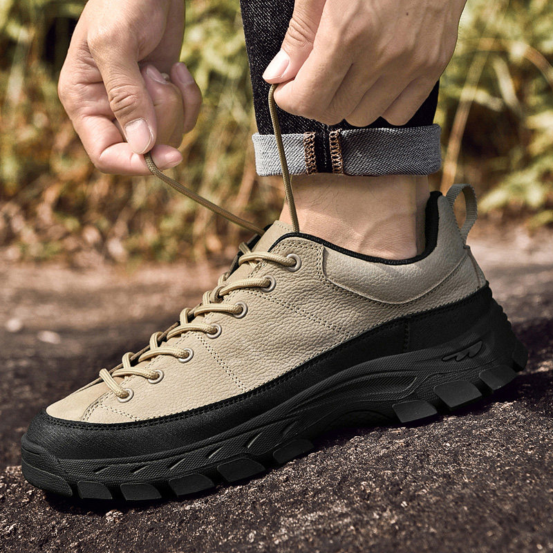 户外登山鞋男2026新款春季防水防滑耐磨真皮低帮厚底休闲徒步鞋46