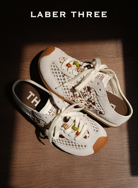 LABERTHREE 撞色串珠不对称大斜头网面拼接德训拖女一脚蹬休闲鞋