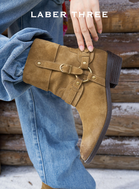 LABERTHREE 25秋冬新品牧云旷野骑士短靴复古扣带时尚都市粗跟靴