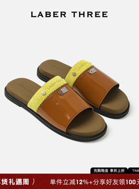 LABER THREE 吴昕同款新款miu系复古几何分割拼色拖鞋方跟一字拖