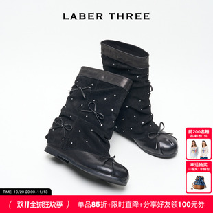 LABERTHREE26秋冬新品星褶蝶语短靴蝴蝶结芭蕾风甜美堆堆靴平底靴