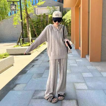 秋冬季女显瘦针织衫2024连帽宽松时尚阔腿新款韩版长裤套装两件套