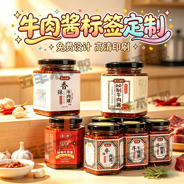 定制牛肉酱六棱瓶瓶贴商标鸡肉酱不干胶/标签