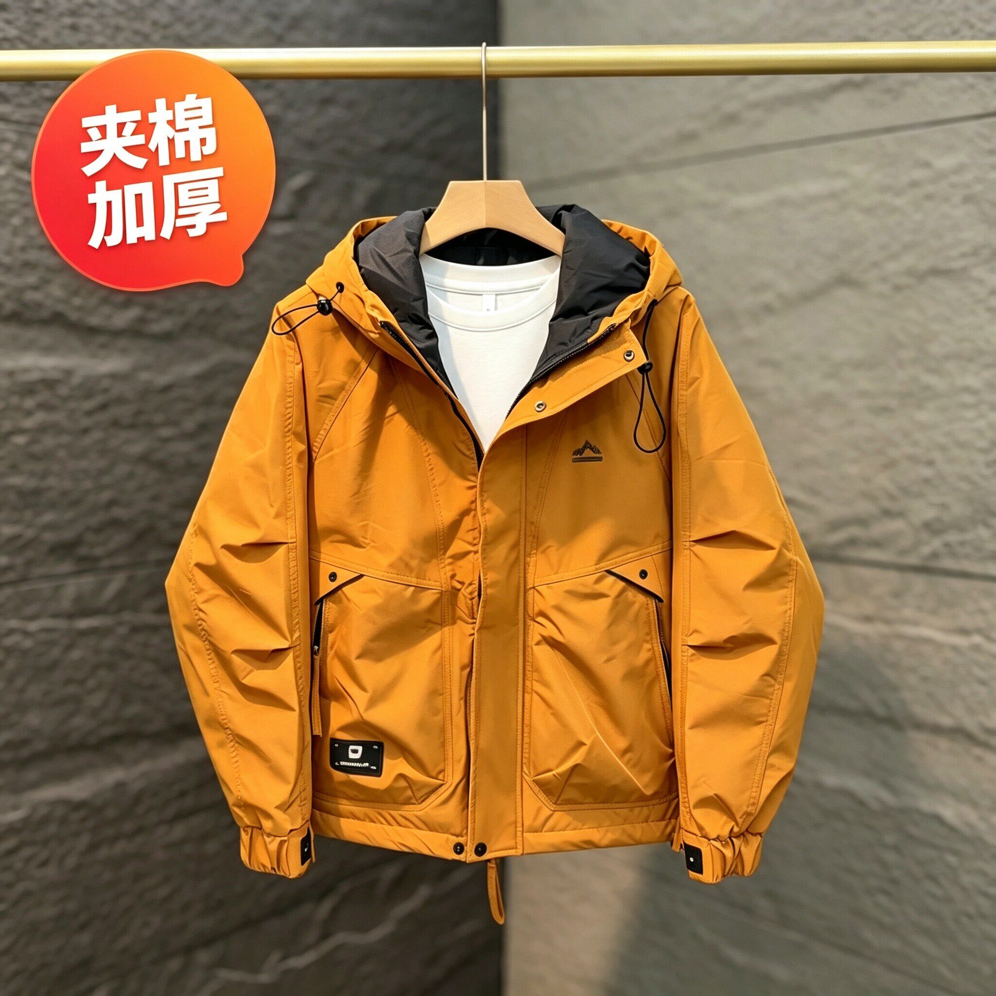 秋冬新款工装棉衣男 加厚夹棉冲锋衣夹克户外防风保暖连帽上衣