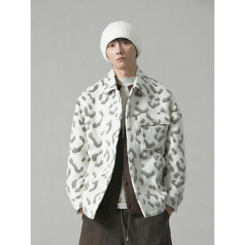 亨佰仕男士植绒花色翻领毛呢夹克