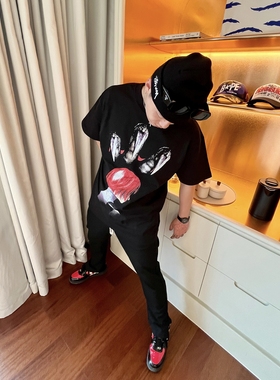 AONE4SURE 恐龙危机游戏印花潮流宽松黑色纯棉300克圆领短袖T恤