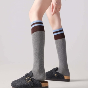 拼色小腿袜灰色压力显瘦袜子女学院条纹长筒配小皮鞋 JK棉袜秋冬款