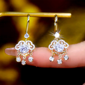 奢华高档祥云平安锁耳环女满钻超闪锆石耳钩中国风洋气百搭耳钉潮