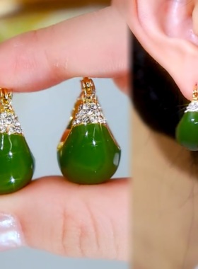 气质高级感微镶钻耳扣牛油果绿色华油提篮轻奢显白耳环时尚复古款
