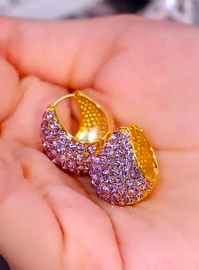 时尚耳环微镶钻紫色超闪耳扣复古法式名媛风爆款气质高档摇篮耳扣