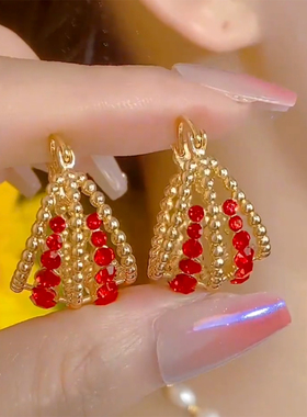 2024新款红色锆石喜庆耳饰镂空百搭提篮法式复古耳圈小众轻奢耳环