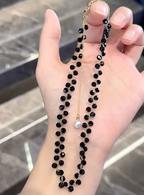 2024新款项链女黑水晶气质锁骨链法式时尚百搭小众抽拉调节颈链女