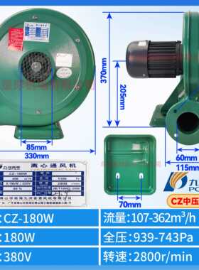 新品九州洲普惠CZ铁壳低噪离心式鼓风机180W380V吹风吸尘中压风机