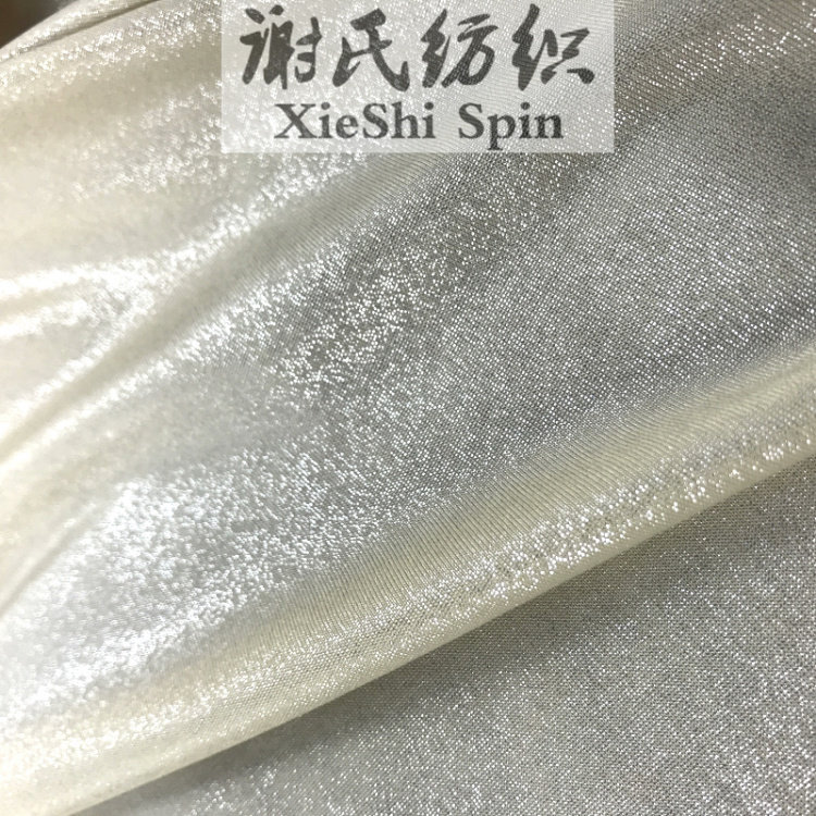 新款春夏电光精品垂感好米黄色弹力涂金粉布料 包臀裙主播装面料