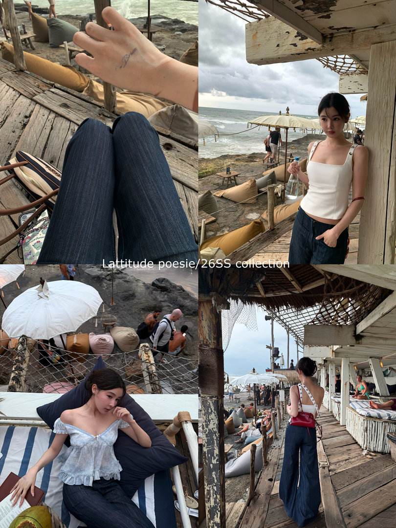 Fashion collage showing a woman wearing denim jeans and summer tops by the beach