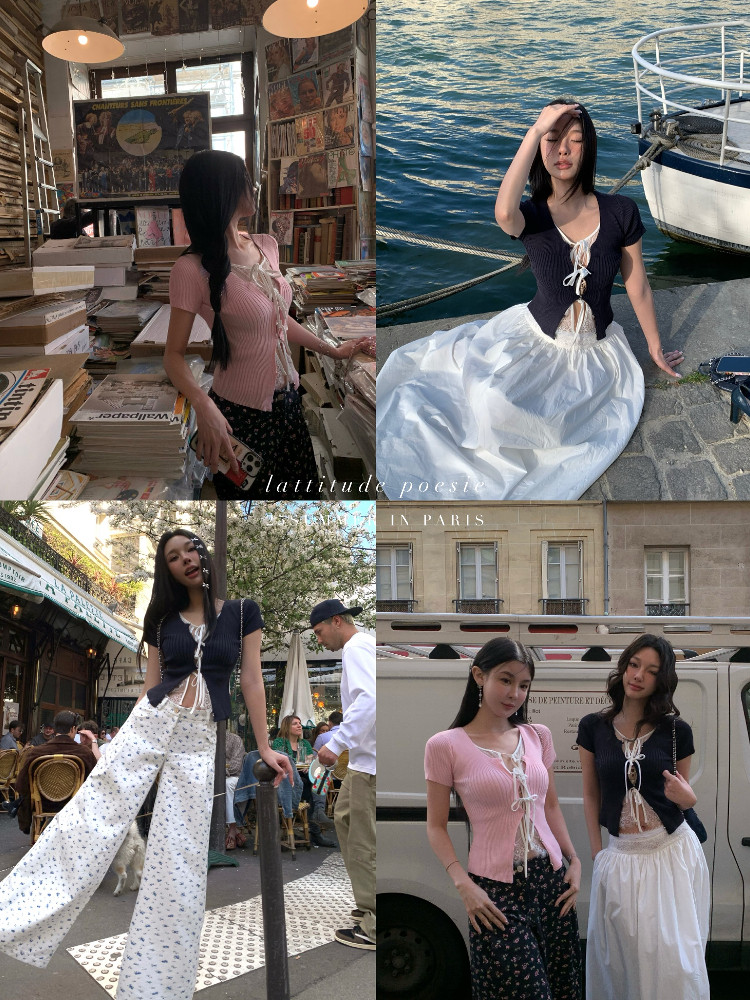 Collage of a woman modeling a lace-up knit top with flowy skirts and pants in outdoor settings