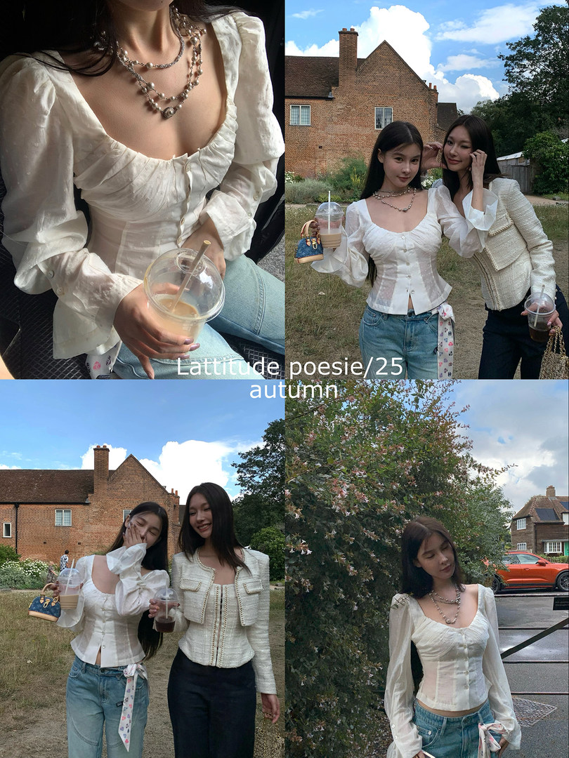 Women modeling white puff-sleeve peplum blouse outfits outdoors in a fall-themed collage
