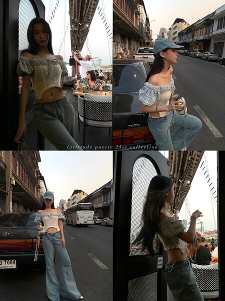 Collage of a woman wearing an off-shoulder top and flared jeans in street-style photos