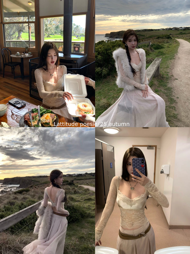 Collage of a woman wearing a cream lace dress with a faux fur shawl