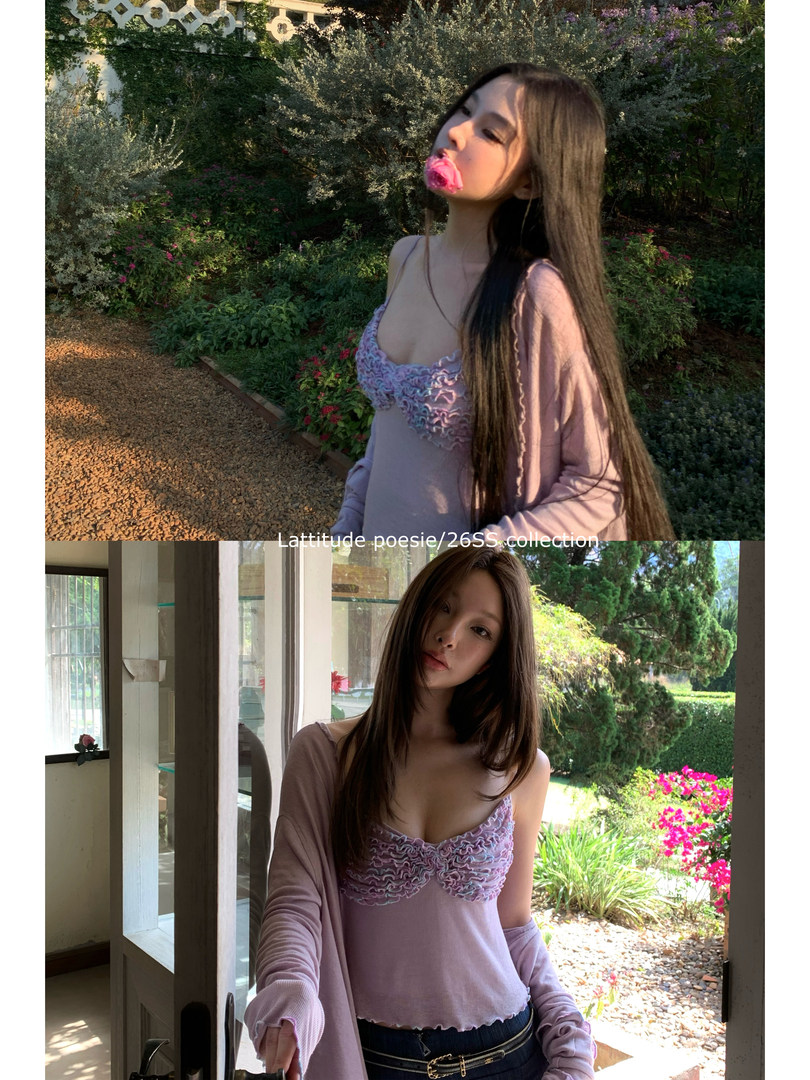 Model wearing a lilac ruffled long-sleeve top in a garden setting