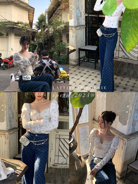 Fashion collage showing a model wearing a white floral long-sleeve top and blue patterned jeans
