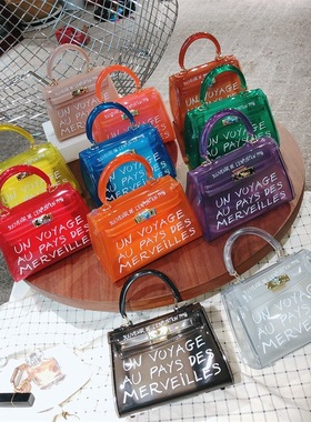 2023新款韩版透明PVC果冻包 定型锁扣字母涂鸦包手提凯利包单肩包