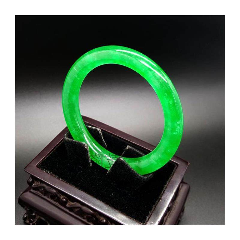 缅甸帝王绿翡翠色手镯冰种阳绿飘花圆条玉镯满色祖母绿玉镯子女款