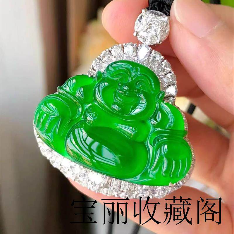 精品缅甸翡翠色冰种阳绿佛公吊坠镶嵌帝王绿弥勒佛玉坠高级轻奢款