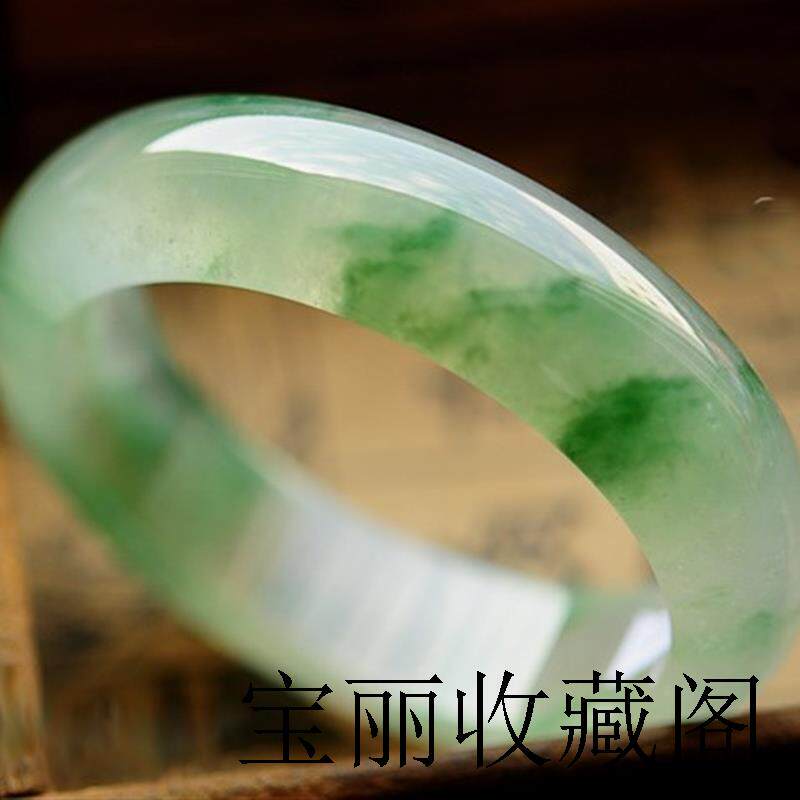 缅甸玻璃种飘绿花翡翠色玉器原石手镯子新货宽版润泽细腻带证礼物