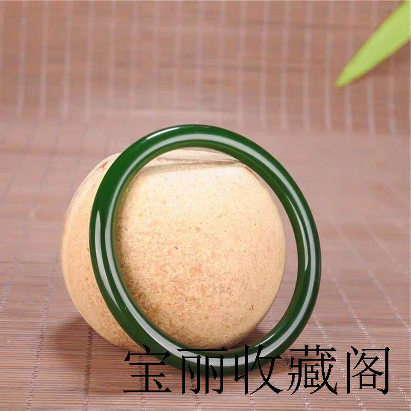 新疆和田玉色碧玉手镯少女款细圆条菠菜绿纯高端老料镯子精品款