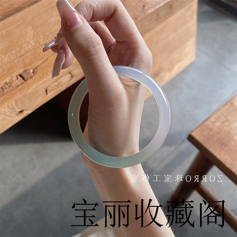 冰种油青玉半山水玛瑙玉髓手镯渐变透翡翠珠宝玉镯送闺蜜女友礼物