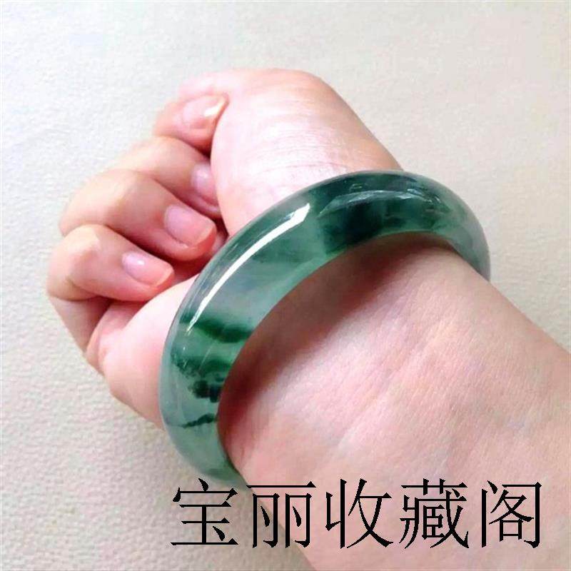 冰种翡翠手镯女款飘花贵妃玉镯子阳绿通透春彩宽边玻璃种手镯证书