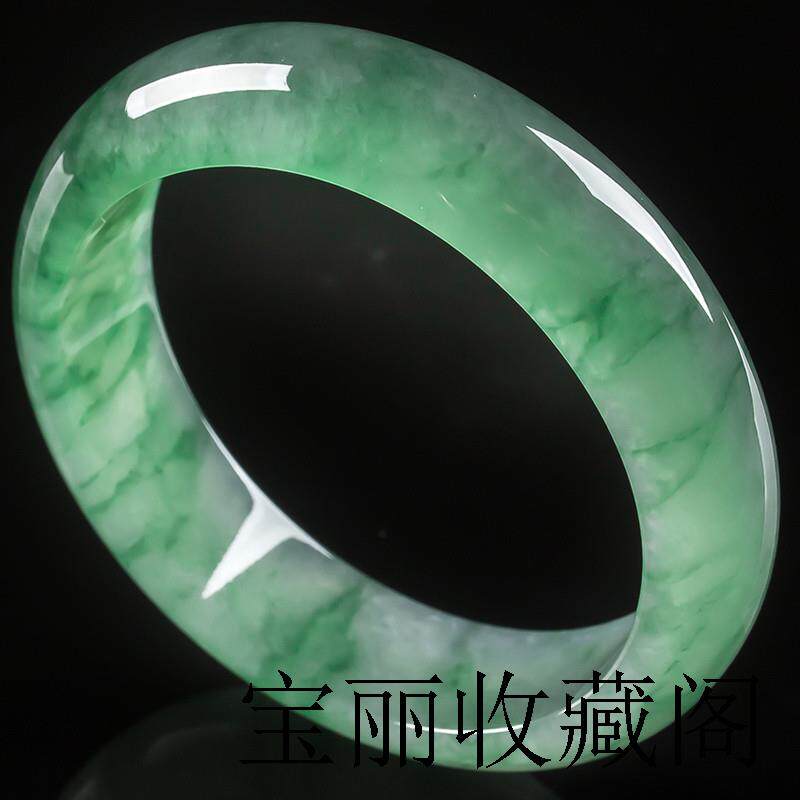 缅甸精品冰种飘花翡翠色手镯正圆阳绿玉镯子女款吊坠精品手饰证书