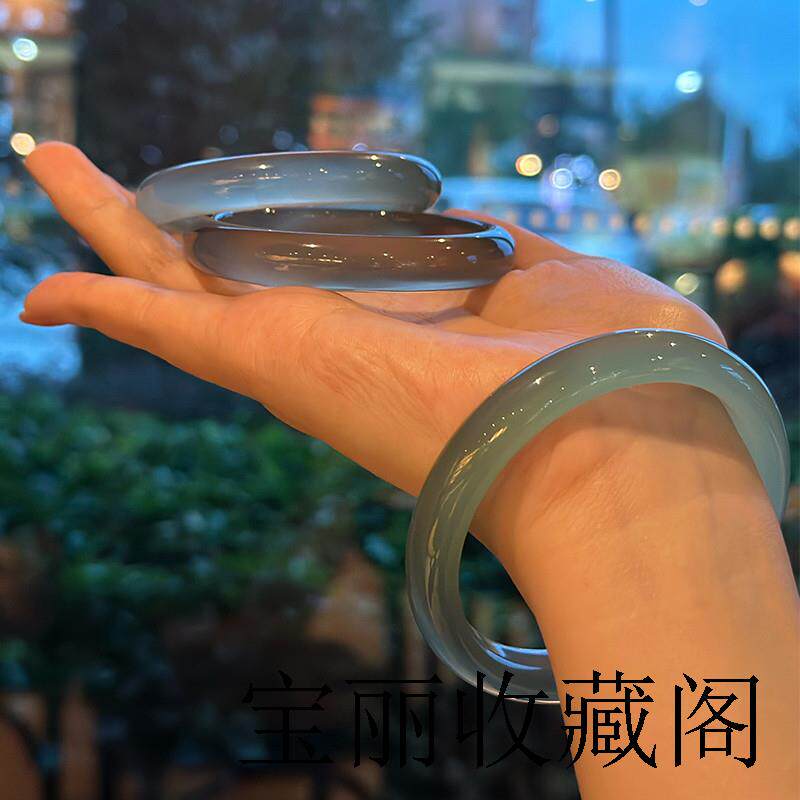 新中式纯天然高冰透库里蓝玛瑙色手镯显白胖圆条玉镯子女款百搭款