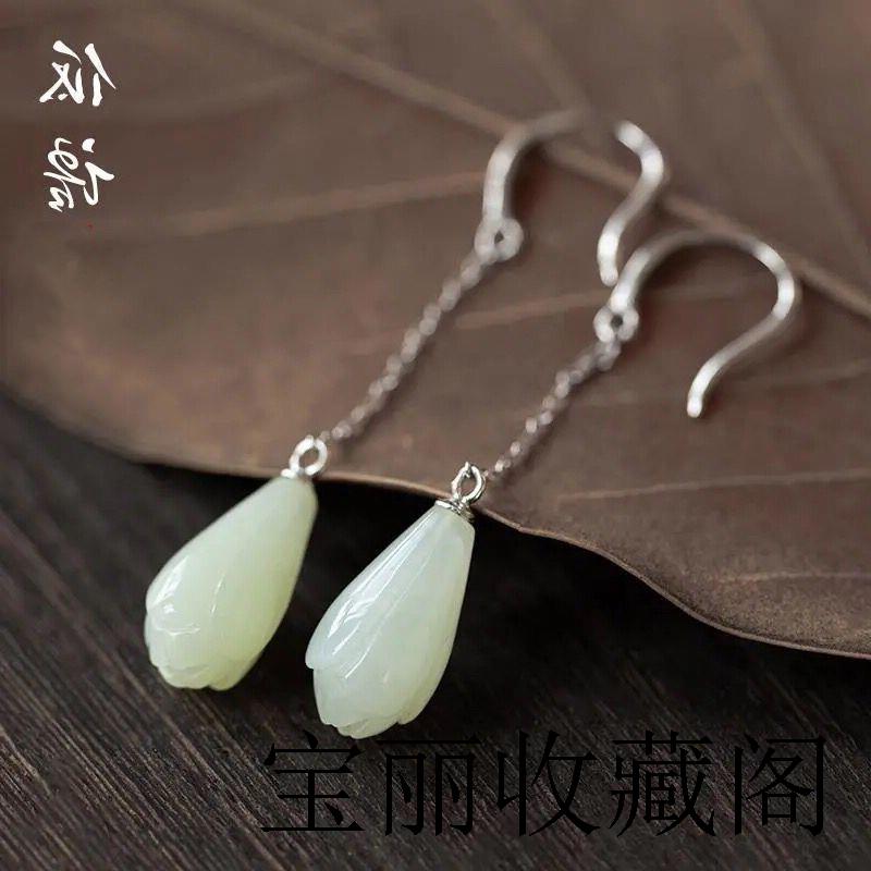 精选银饰和田玉兰花耳环女复古中国风文艺气质女手工耳饰耳钩送礼