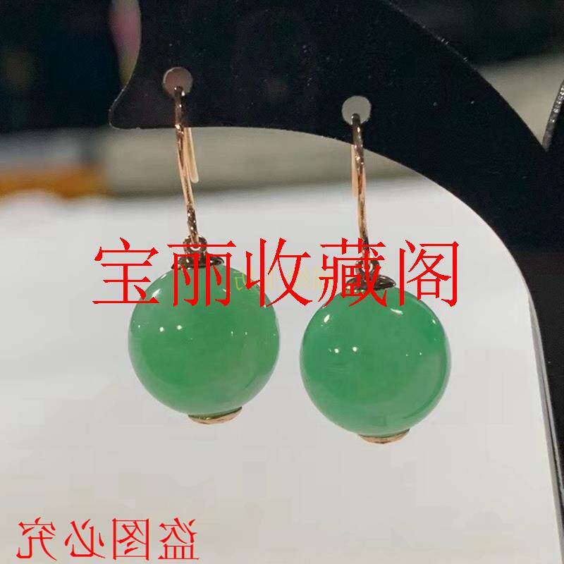 收藏级精品缅甸老坑翡翠色耳环纯银镶嵌款阳绿圆珠镶嵌玉石耳饰款