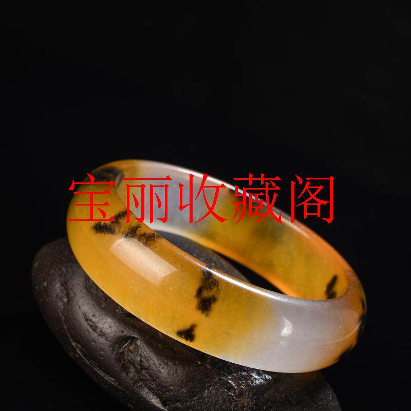 精选黄龙玉手镯宽版玉石镯子鸡油黄黑水草花飘黄玉镯手镯女款首饰