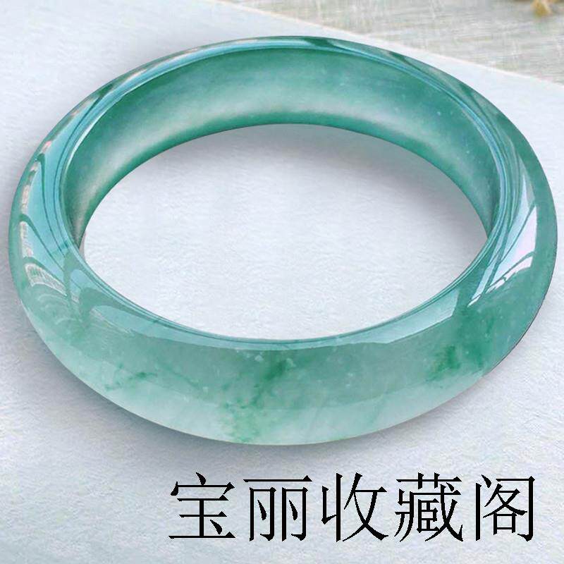 飘花翡翠色手镯冰透水润圆条晴水缅甸老坑玉石女款处理飘绿玉镯子