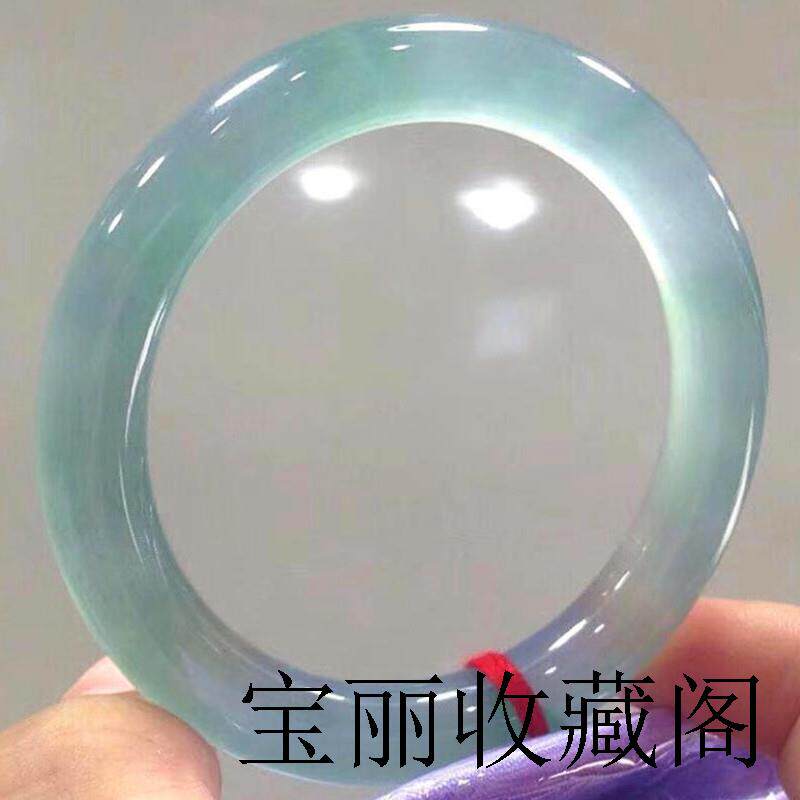 缅甸翡翠手镯飘绿女款冰透玻璃种圆条老坑女款玉石冰种飘花玉镯子