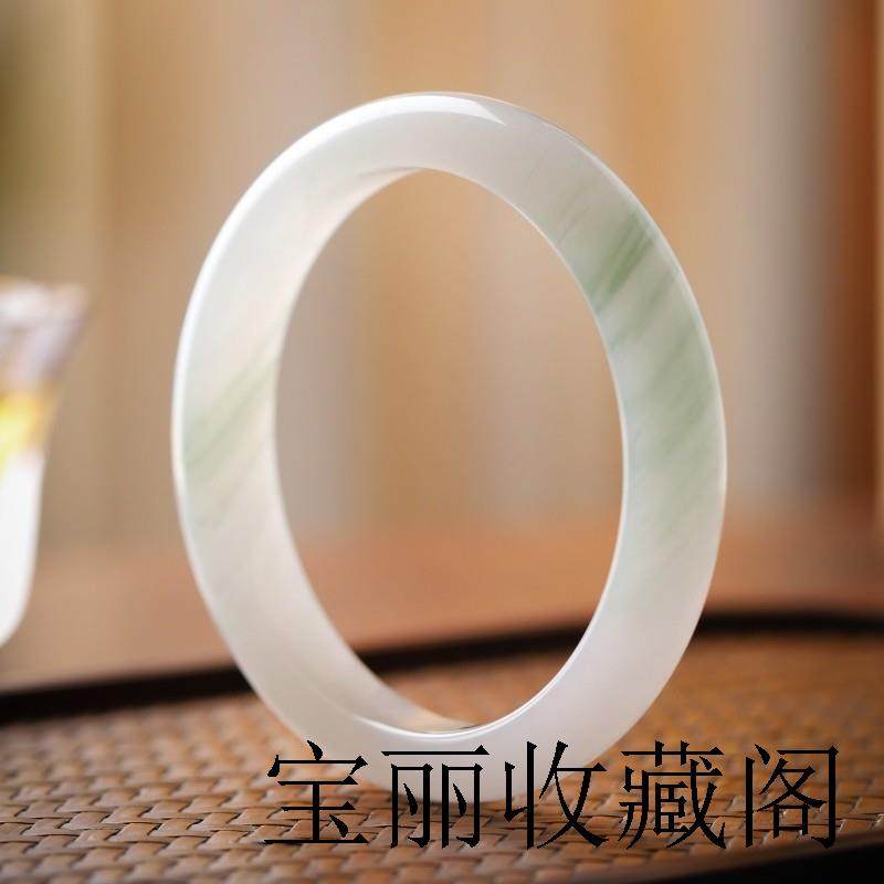 纯天然金丝玉镯子天山雪翠正圈手镯扁条冰种翡翠色飘花镯正品证书