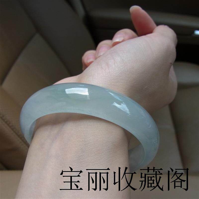 正品缅甸玉石翡翠手镯女老坑冰种浅绿色飘花湖水蓝玉镯子手饰证书