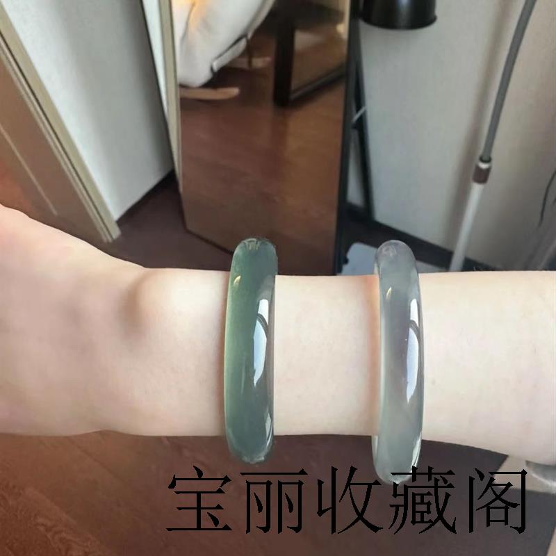 玛瑙玉髓手镯冰种独龙玉飘绿正圈飘花玻璃种翡翠色飘银灰手镯送礼