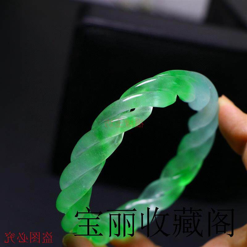 翡翠手镯处理冰种飘花镂空雕刻扭丝转运玉石镯子女款旺夫福镯证书