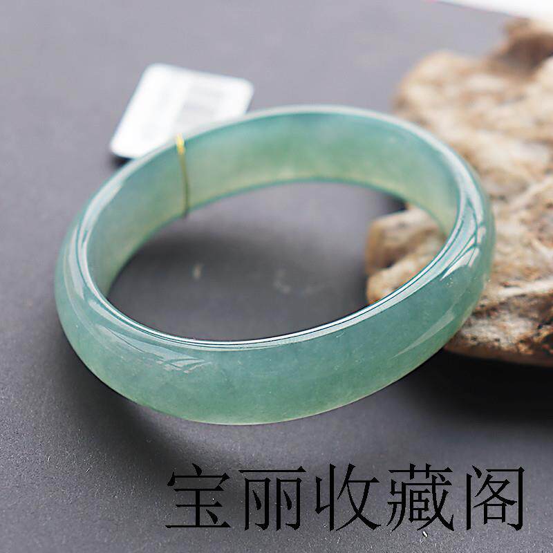 缅甸天然A货翡翠色玉手镯直播冰种油青飘花扁圆条贵妃镯飘绿玉石