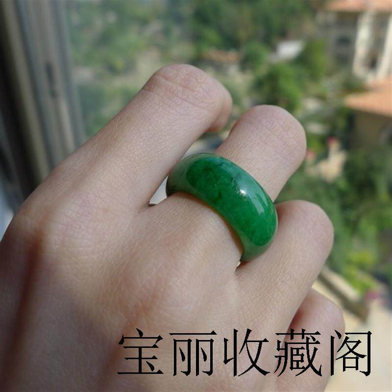 翡翠戒指天然老坑花青祖母绿飘花加宽厚玉扳指男女款满绿色玉指环