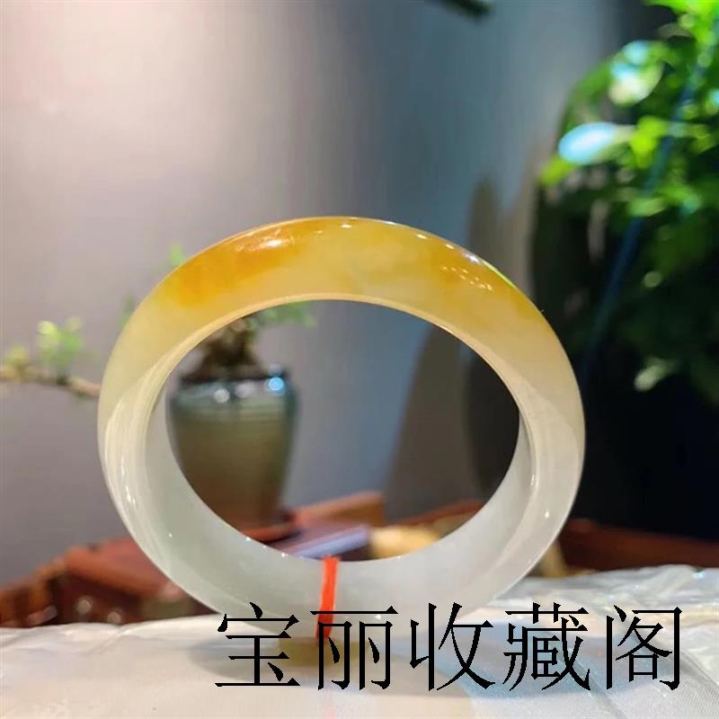 缅甸翡翠色手镯黄翡玉镯女款冰糯种贵妃镯老坑鸡油黄玉送礼品证书