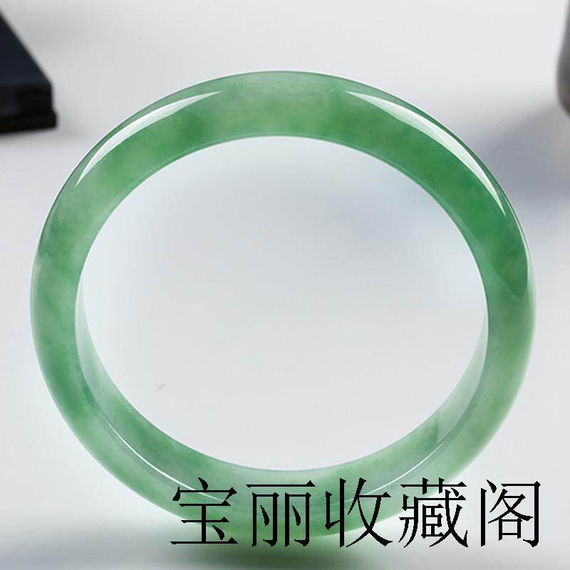晴水飘花翡翠色手镯女款阳绿半山水沫玉石贵妃镯豆种白底青玉镯子