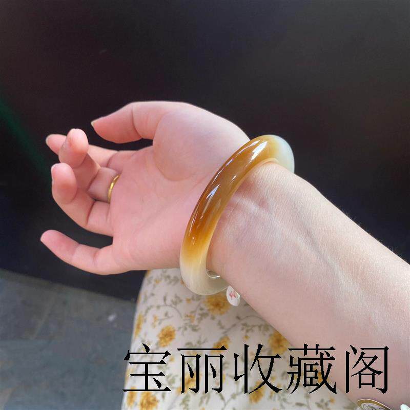 新疆和田玉糖料白玉手镯女款扁条俏色羊脂玉金丝玉石镯子精品手饰