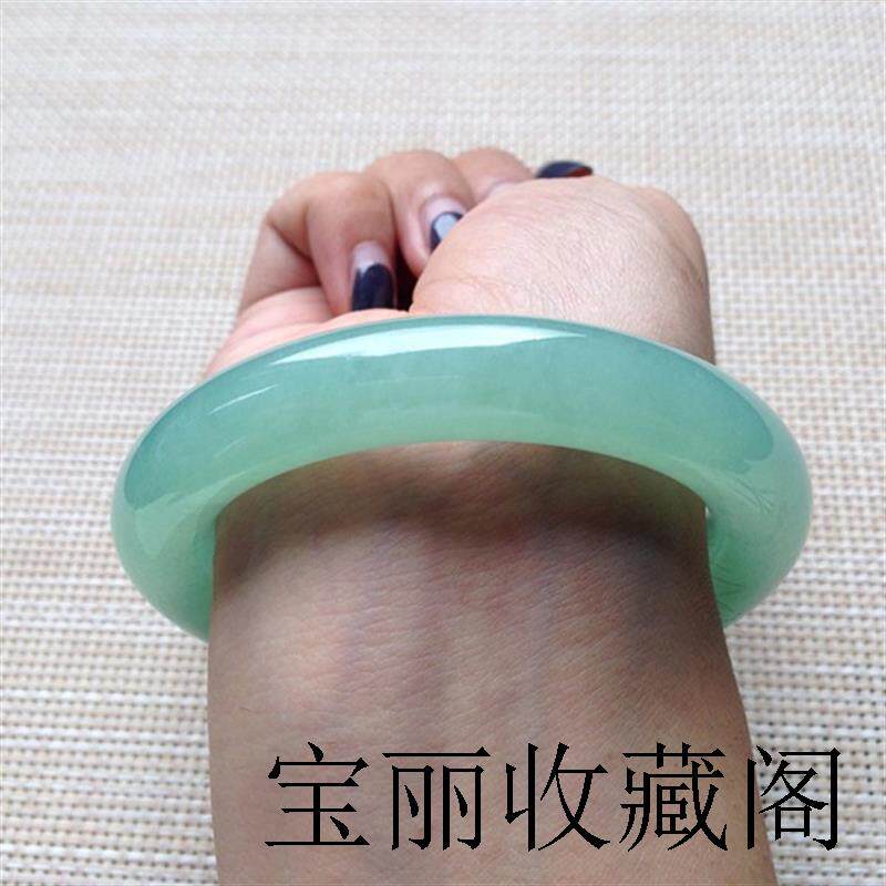 高冰种翡翠手镯女款富贵圆条晴水底阳绿飘花湖水绿玉镯子正品证书